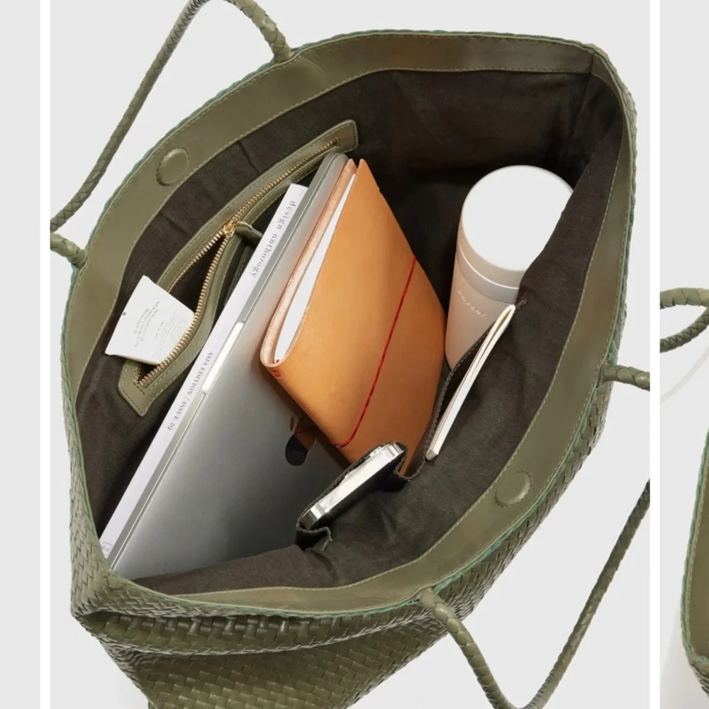 Quince Elegant Olive Green Leather Woven Tote Bag - Picture 2 of 8